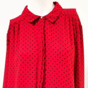 ELLE | Long Sleeve Red Button Down Blouse with Velvet Polka Dots - EUC | Size L